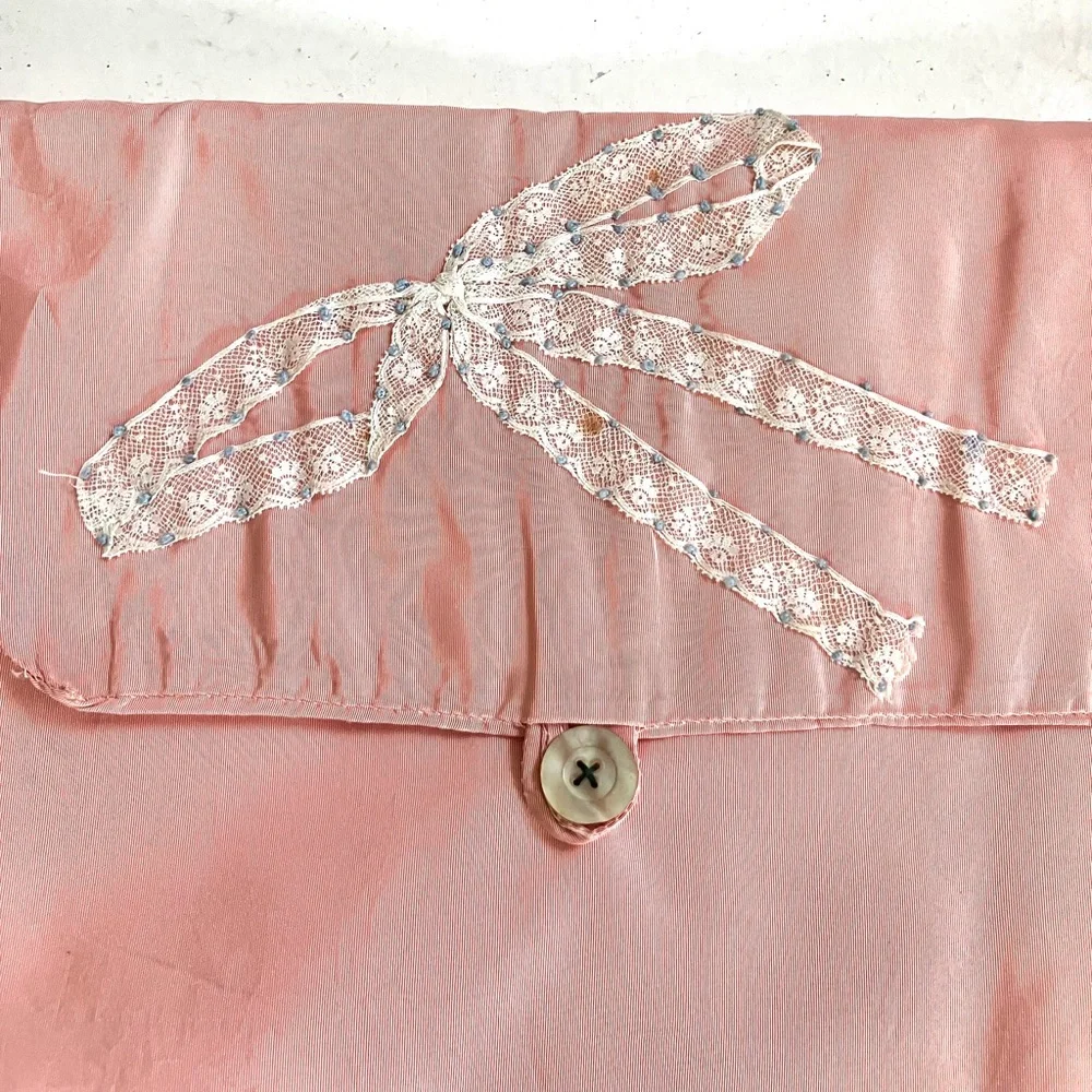 Vintage antique Edwardian pink satin lingerie bag lace bow